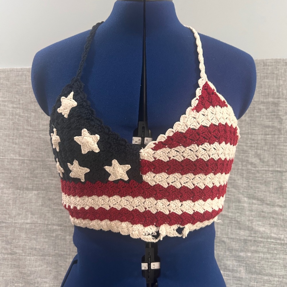 Crochet Halter Top American Flag Small Red White Blue Boho Festival 4th